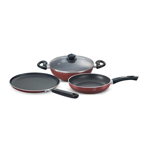 Prestige Omega Deluxe Induction Compatible Non-stick Kitchen Set (Omni Tawa 25 cm, Fry Pan 24 cm, Kadai with Glass Lid 24 cm Dia) (Maroon)