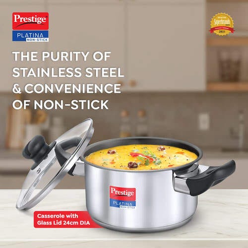 Prestige Platina Non-stick Stainless Steel Unique Impact Forged Bottom Casserole with Glass Lid 24cm (Silver)