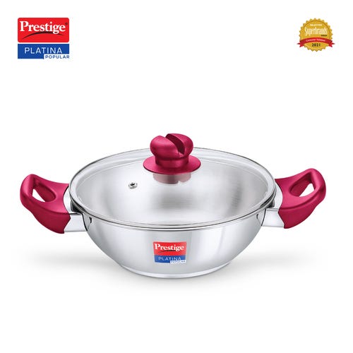 Prestige Platina Popular Stainless Steel Unique Impact Forged Bottom Kadai with Toughened Glass Lid, 20cm (1.5 L) (Silver)