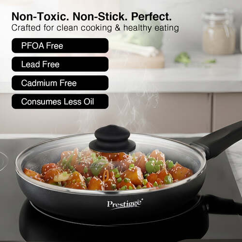 Prestige Omega Deluxe Granite Non-stick Round Base Fry Pan with Glass Lid, 24cm, 1.7L (Black)