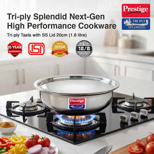 Prestige 20cm/1.6L Tri-Ply Stainless Steel Splendid Tasla with Lid|Gas and Induction Compatible|Even Heat Distribution| Thick Gauge Tri-Ply Body|15 Year Warranty