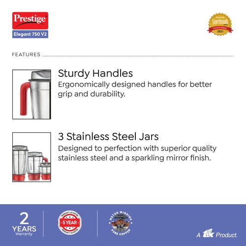 Prestige 750 Watts Elegant 750 V2 Mixer Grinder with 4 Jars (3 Stainless Steel Jars + 1 Juicer Jar)| Sturdy Handles| 4 Super Efficient Blades| Transparent Juicer Jar| Red and White