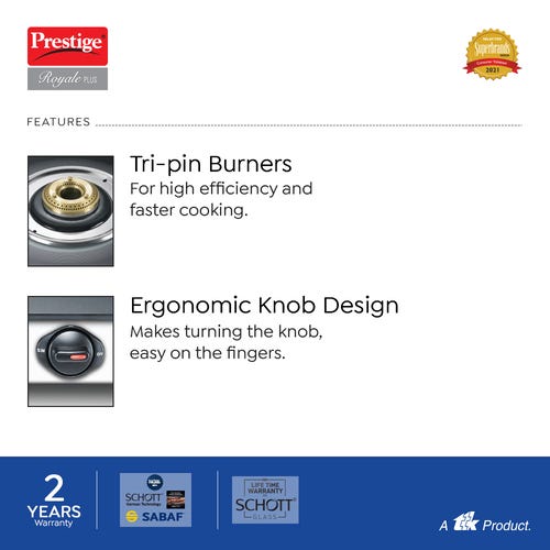 Prestige Royale Plus Schott Glass Top Gas Stove (3 Burners) - GT 03L SS