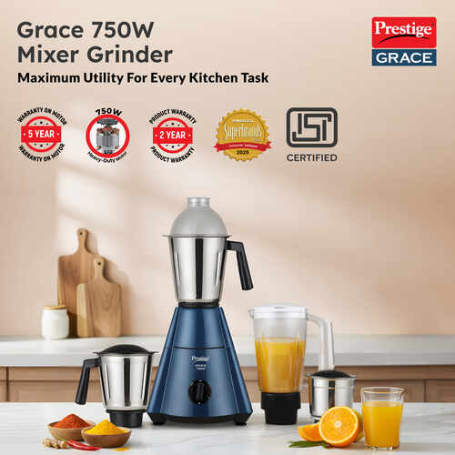 Prestige 750 Watts Grace Mixer Grinder with 4 Jars (3 Stainless Steel Jars + 1 Juice Jar)|4 Super Efficient Blades|Sturdy Handles|Dome Shaped Lid|Blue & Black