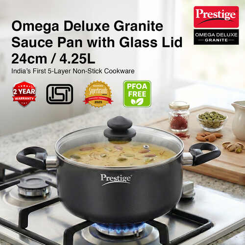 Prestige Omega Deluxe Granite Non-stick Round Base Sauce Pan with Glass Lid, 24cm, 4.25 L (Black)