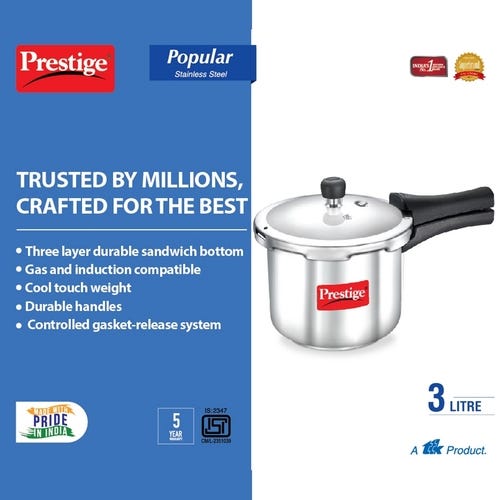 Prestige Popular Stainless Steel Gas and Induction Compatible Pressure Cooker (Silver)