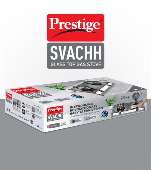 Prestige Svachh Glass Top Gas Stove GTSV | Liftable Burners | Ergonomic Knobs