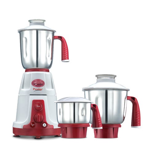 Prestige 750 Watts Deluxe-VS Mixer Grinder with 3 Stainless Steel Jars| Flow Breaker Design| Cord Winding Storage| Sturdy Handles| Red and White
