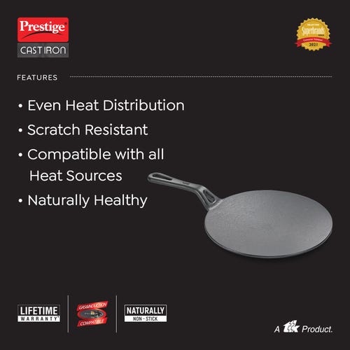 Prestige Cast Iron Scratch Resistant Concave Tawa, (Black)