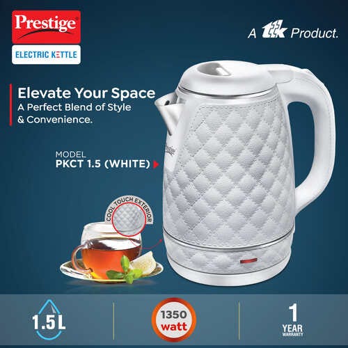 Prestige PKCT 1.5 Litre Electric Kettle with Designer Cool Touch Exterior| Stainless Steel Inner Body| Dry Heat Protection|White