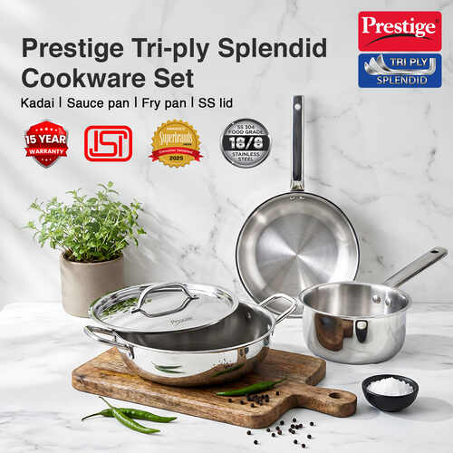 Prestige TRIPLY 4 Pc Cookware Set | TRIPLY Splendid | Fry Pan 24cm/1.7L | Kadai 24cm/2.7L | Sauce Pan 16cm/1.5L | SS Lid 24cm | Gas & Induction Compatible | Even Heat Distribution | 15Y Warranty | ISI