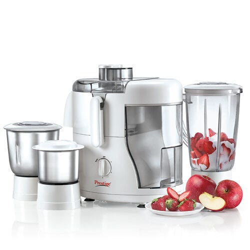 Prestige 550 Watts Champ Juicer Mixer Grinder with 3 Jars (2 Stainless Steel Jars + 1 Juicer Jar)| Detachable Pulp Collector| Stainless Steel Sieve| Double Lock System|White
