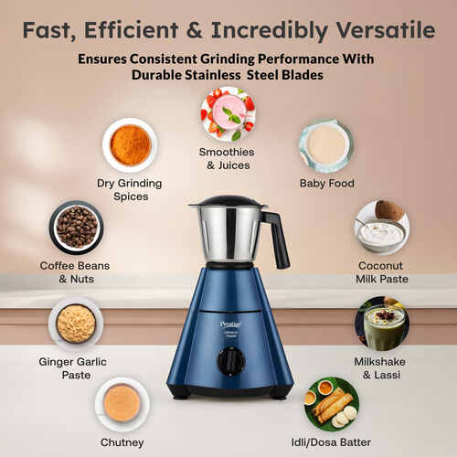 Prestige 750 Watts Grace Mixer Grinder with 3 Stainless Steel Jars|3 Super Efficient Blades|Sturdy Handles|Dome Shaped Lid|Blue & Black