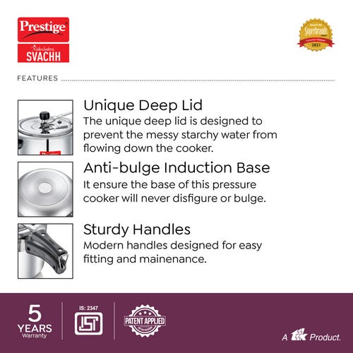 Prestige Nakshatra Svachh Aluminium Inner Lid Pressure Cooker with Unique Deep Lid for Spillage Control, Silver