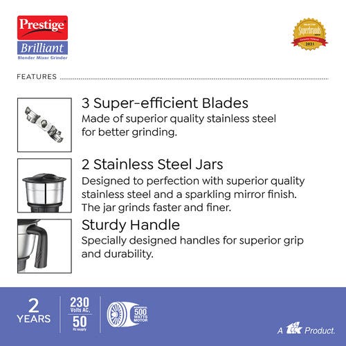 Prestige Brilliant 500W Blender Mixer Grinder, with Accessories - Stainless Steel Jars 2 Unit And Juicer Jar 1 Unit