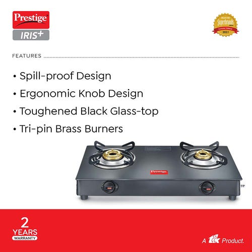 PRESTIGE IRIS PLUS LP GAS STOVE GTI-02+ (WITH POWDER COATED BODY, GLASS TOP AND 2 UNIT BRASS BURNERS)