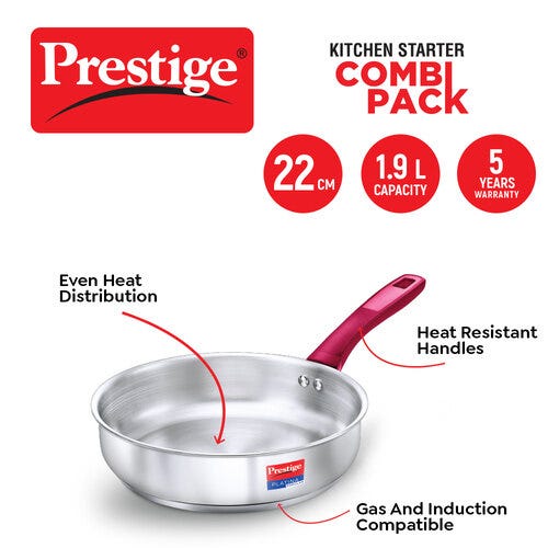 Prestige Nakshatra Cute Svachh 3 L Pressure Cooker + Platina Popular 22 cm (2.25 L) Kadai with Glass Lid and Platina Popular 22 cm (1.9 L) Fry Pan Kitchen Set