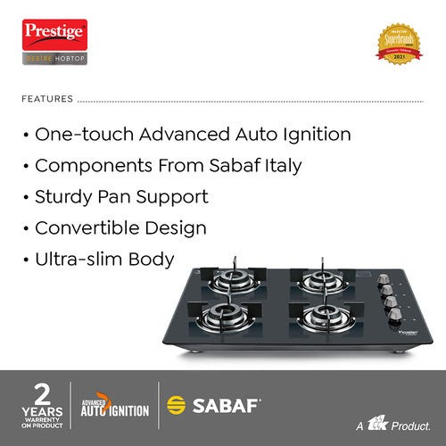 Prestige Desire Hobtop L P Gas Table ( PHTD 04 AI Black With Glass Top, 4 Burners & Auto Ignition)