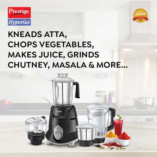 Prestige 750 Watts Hyperius Purpose Mixer Grinder with 4 Jars | Unique Fail-Safe Couplers| Kneading & Chopping Jar| Juicer Extractor Jar| Compact Design| Black
