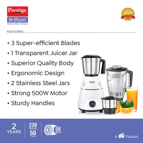 Prestige Brilliant 500W Blender Mixer Grinder, with Accessories - Stainless Steel Jars 2 Unit And Juicer Jar 1 Unit