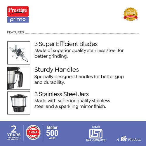 Prestige 500 Watts Primo Mixer Grinder with 3 Stainless Steel Jars| Ergonomic Design| Sturdy Handles| Black & White