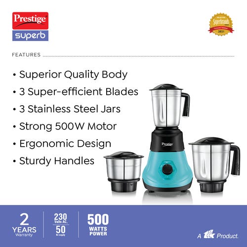 Prestige 500 Watts Superb Plus Mixer Grinder with 3 Stainless Steel Jars|Sturdy Handles| Flow Breaker| Blue and Black
