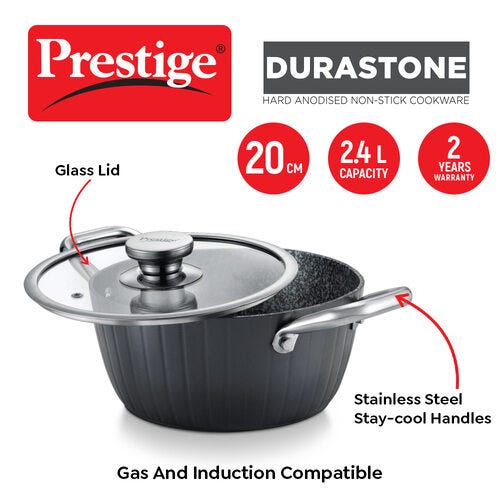 Prestige Durastone Hard Anodised 6 Layer Non-Stick Casserole with Glass Lid, (Black)