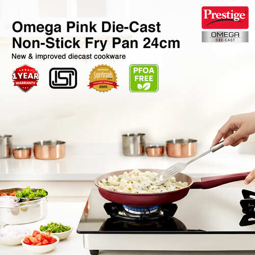 Prestige 24cm Omega Die-Cast Non-Stick Fry Pan | 3-Layer Coating | Die-Cast Body | Metal Spoon Friendly | Heavy Base | Pink