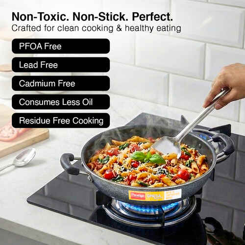 Prestige Omega Select Plus Aluminium Flat Base Non-Stick Coating Kadai with SS Lid, 27cm (Black)