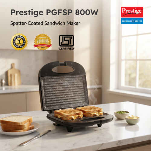 Prestige PGFSP - Spatter Coated Non-stick Sandwich Toaster with Fixed Grill Plate, Black