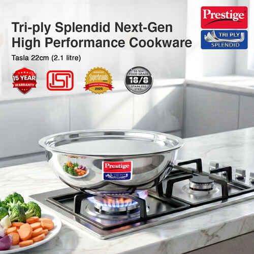 Prestige 22cm/2.1L Tri-Ply Stainless Steel Splendid Tasla with Lid|Gas and Induction Compatible|Even Heat Distribution| Thick Gauge Tri-Ply Body|15 Year Warranty