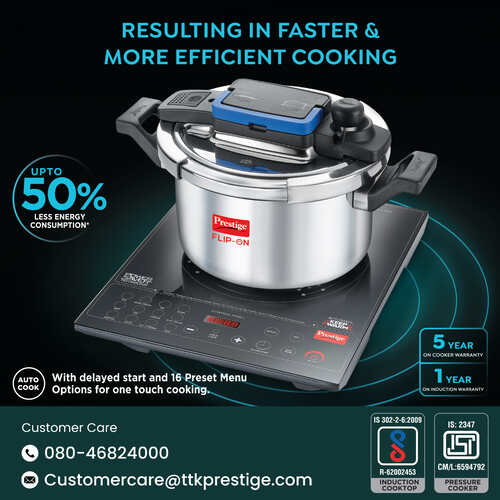 Prestige Cookcenter Induction Cooktop, Flip On Stainless Steel Pressure Cooker 5L 22cm Dia with Glass Lid, 4 Idly Plates, Frying Basket, Cake Mould 2.1, Cooker Separator 19cm Dia
