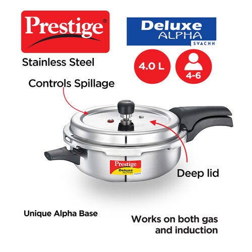 Prestige Deluxe Alpha Svachh Stainless Steel Pressure Cooker with Spillage Control Deep Lid - Silver