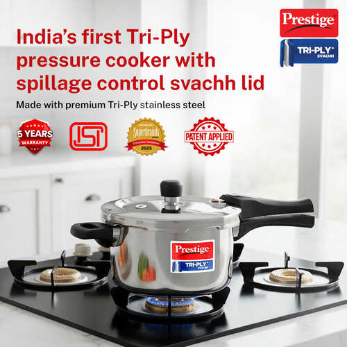 Prestige 3 Litre TRIPLY Svachh Outer Lid Pressure Cooker | Deep Lid for Spillage Control | Gas & Induction Compatible | Gasket Release System | Visual Pressure Indicator | 5Y Warranty | ISI