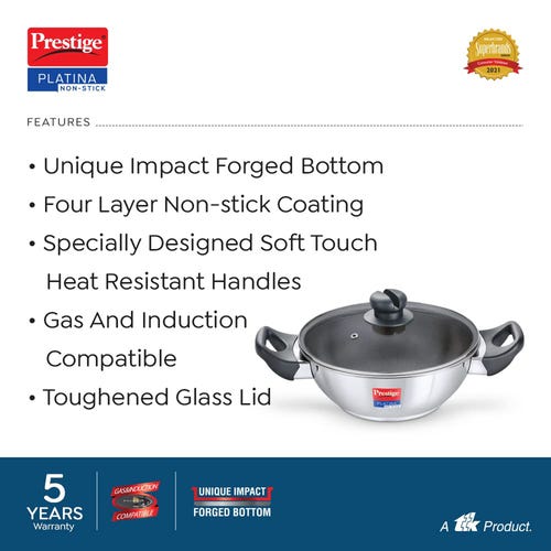 Prestige Platina Non-stick Stainless Steel Unique Impact Forged Bottom Kadai with Glass Lid, 30cm, 3.5L (Silver)