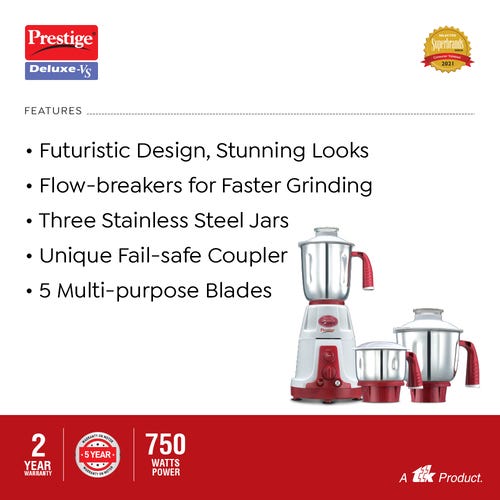 Prestige 750 Watts Deluxe-VS Mixer Grinder with 3 Stainless Steel Jars| Flow Breaker Design| Cord Winding Storage| Sturdy Handles| Red and White