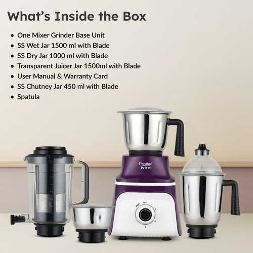 Prestige 750 Watts Prism Mixer Grinder with 4 Jars (3 Stainless Steel Jars + 1 Juicer Jar)| LED Power Indicator|Flow Breaker Design|Juicer Extractor Jar| Purple and White