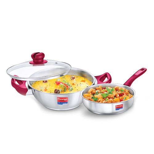Prestige Stainless Steel 2 Pc Cookware Set with Glass Lid | Platina Popular | Fry Pan 24cm (2.25 L) | Kadai 24cm (2.8 L) | TRIPLY Base | Gas & Induction Compatible | Even Heating | 5Y Warranty | ISI
