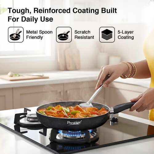 Prestige Omega Deluxe Granite Non-stick Round Base Fry Pan with Glass Lid, 26cm, 2.1L (Black)