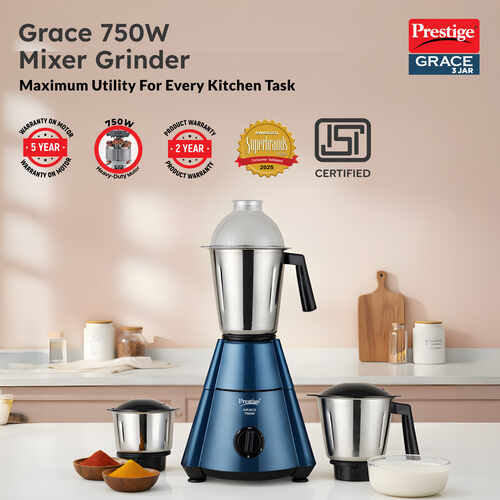 Prestige 750 Watts Grace Mixer Grinder with 3 Stainless Steel Jars|3 Super Efficient Blades|Sturdy Handles|Dome Shaped Lid|Blue & Black