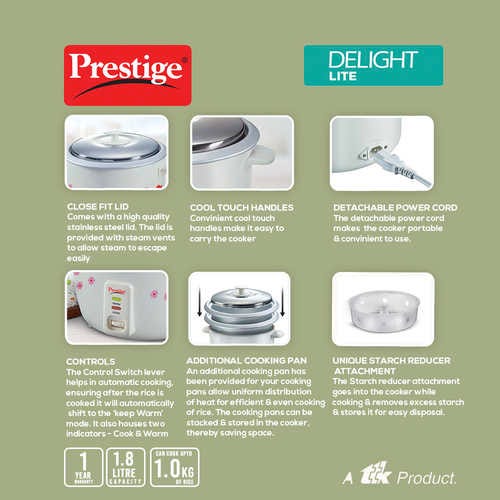 Prestige Delight Lite Electric Rice Cooker 1.8L with Starch Reducer (White)