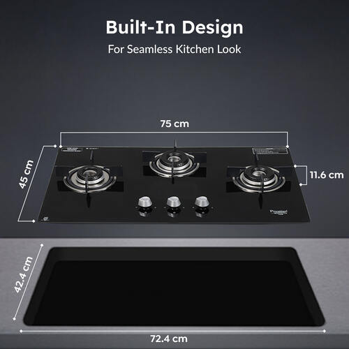 Prestige Marvella 3 Burner Hob | Auto Ignition | Toughened Glass Top | SABAF Burners | Sturdy Pan Support | Ultra Slim Body | Ergonomic Knob | Black | 5Y Glass Warranty