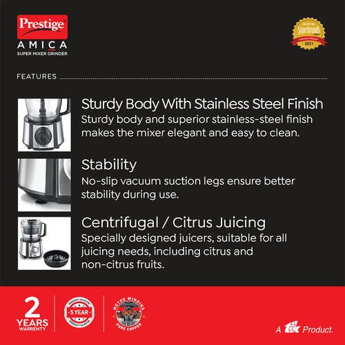 Amica Super Mixer Grinder 1000 W, 5 Jars (Black and Silver) with Multiple Accessories