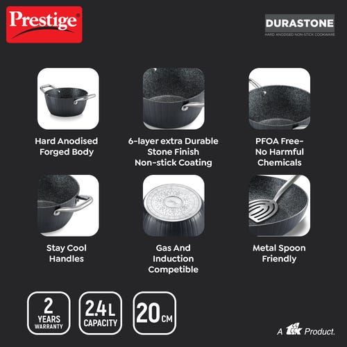 Prestige Durastone Hard Anodised 6 Layer Non-Stick Casserole with Glass Lid, (Black)