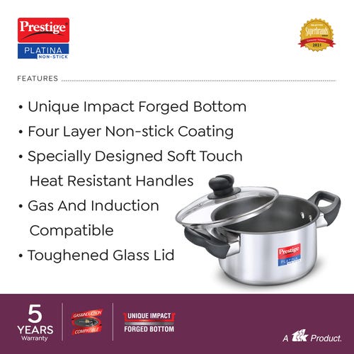 Prestige Platina Non-stick Stainless Steel Unique Impact Forged Bottom Casserole with Glass Lid 18cm (Silver)