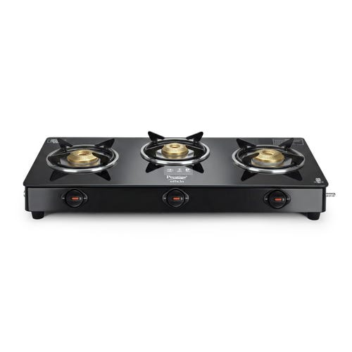 Prestige Efficia LP Gas Stove with Powder-Coated Body, Glass Top & 3 Brass Burners