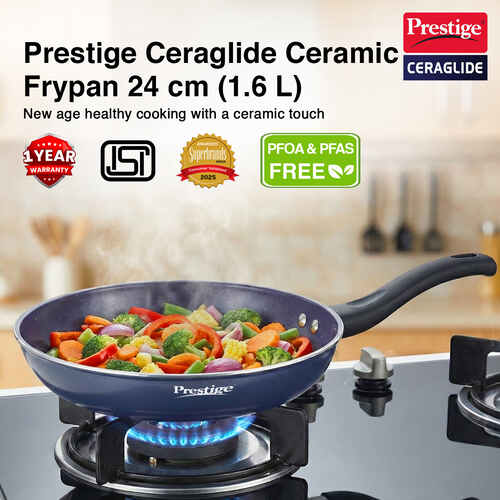 Prestige Ceraglide Ceramic Coated 24 cm Non-Stick Fry Pan | Consumes Less Oil | Preferred For High Heating & Even Heating | Stain-Resistant | Gas & Induction Compatible | No Harmful Chemicals