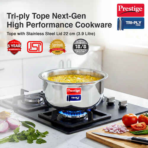 Prestige 22cm/3.9L Tri-Ply Stainless Steel Tope with Lid|Gas and Induction Compatible| Even Heat Distribution|Strong and Durable| 5 Years Warranty