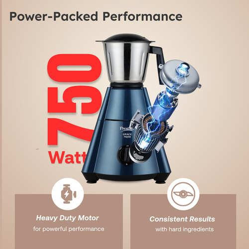 Prestige 750 Watts Grace Mixer Grinder with 3 Stainless Steel Jars|3 Super Efficient Blades|Sturdy Handles|Dome Shaped Lid|Blue & Black