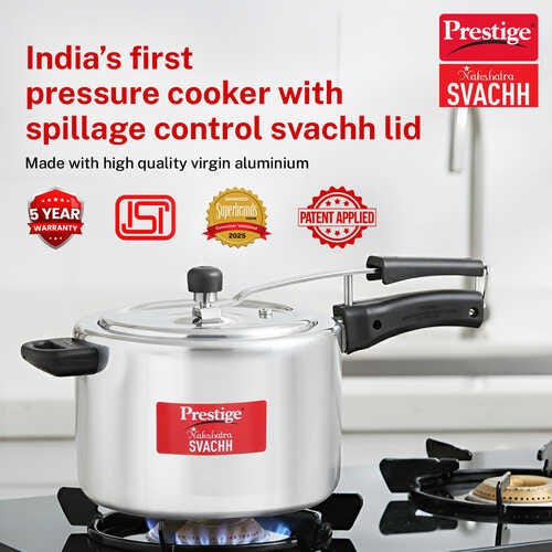 Prestige Nakshatra Svachh Aluminium Inner Lid Pressure Cooker with Unique Deep Lid for Spillage Control, 8 L